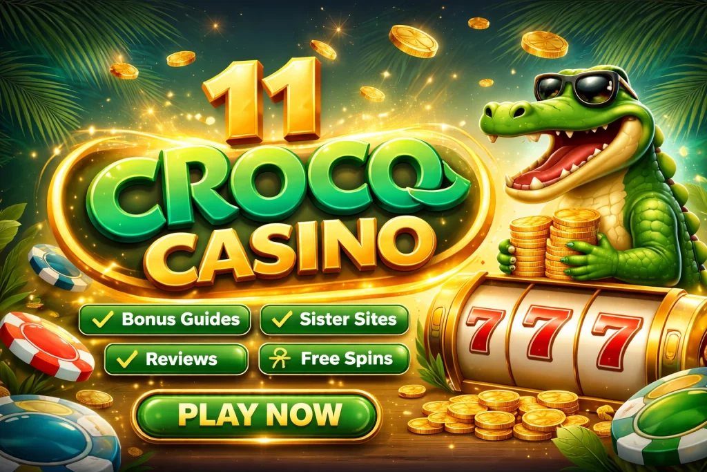 11 Croco Casino banner with crocodile mascot, gold coins, slot machine and free spins bonus features