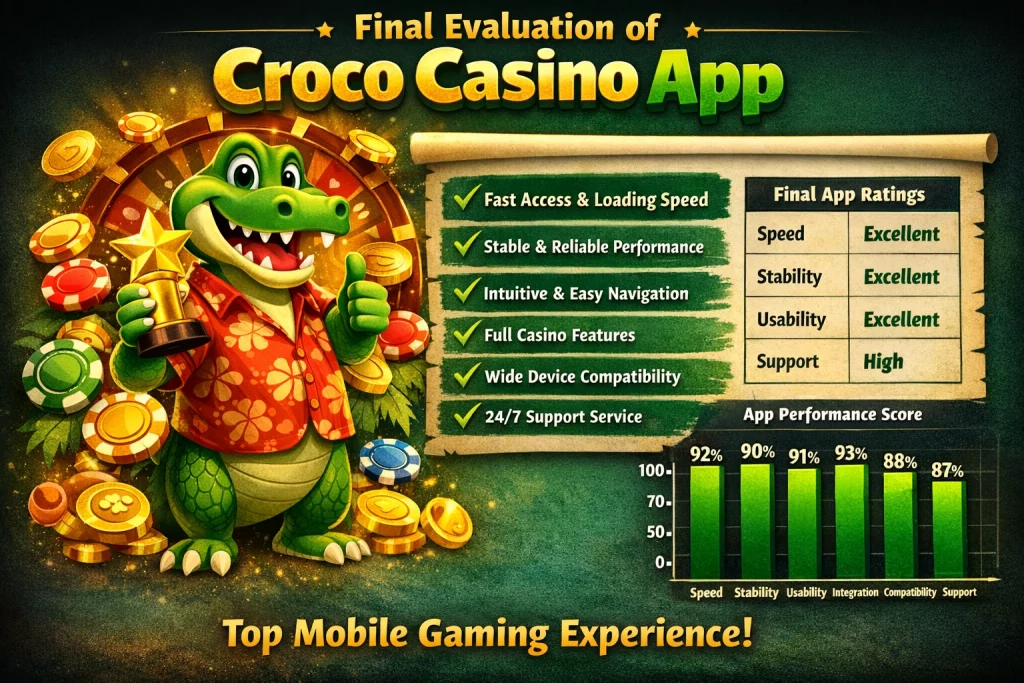 Croco Casino App banner with crocodile mascot holding trophy, mobile gaming interface, coins and performance chart