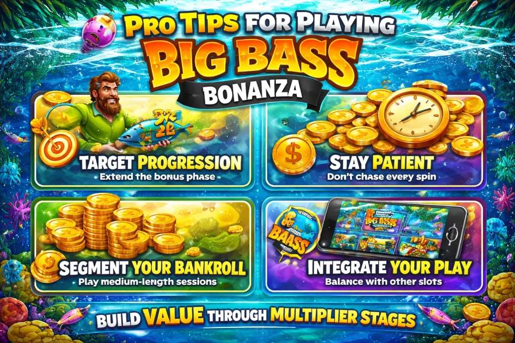 Big Bass Bonanza slot horizontal banner with underwater fishing theme, fisherman collecting fish symbols, bonus multipliers, gold coins, and dynamic gameplay showing free spins feature and big win potential