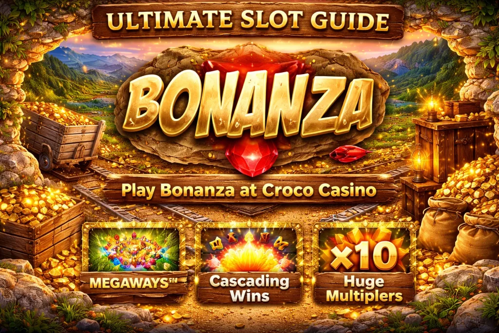 Bonanza slot horizontal banner with gold mining theme, Megaways reels, cascading wins, multiplier icons, treasure chests, and Croco Casino branding showing high volatility gameplay and sequence-based wins