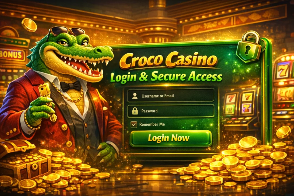 Croco Casino Bonus banner with crocodile mascot, golden coins, slot machines and welcome bonus login screen