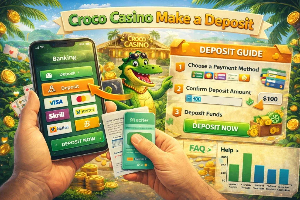 Croco Casino make a deposit banner showing payment methods, banking section, deposit steps and player support