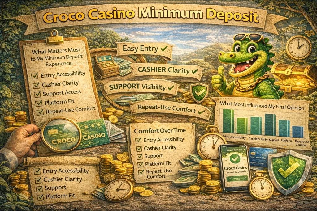 Croco Casino minimum deposit banner showing easy entry, cashier clarity, support access and player-friendly deposit options