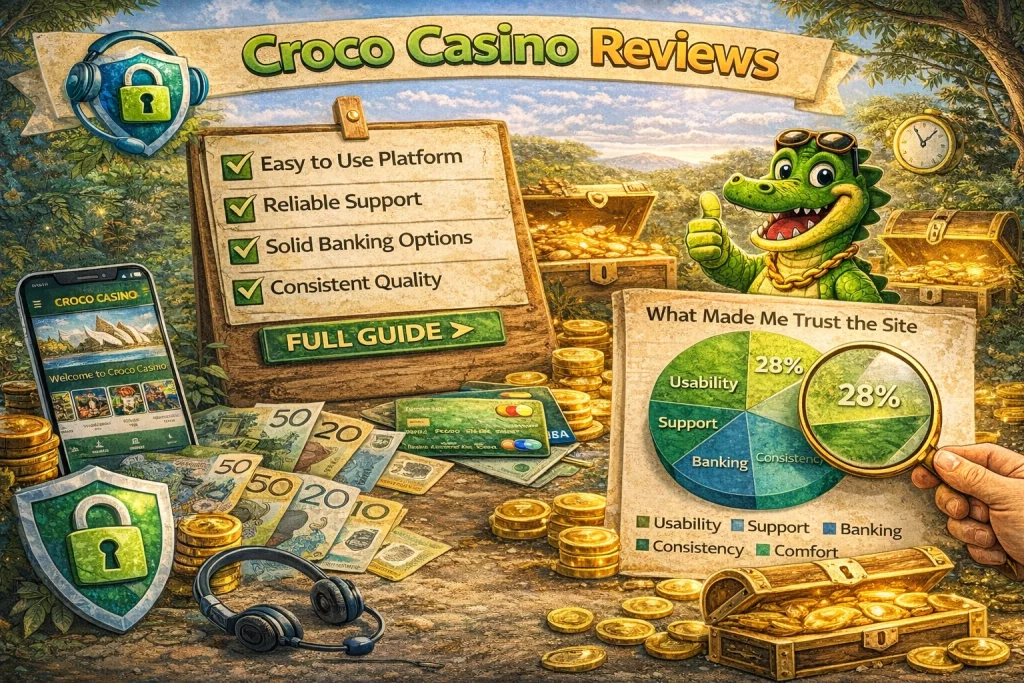 Croco Casino reviews banner showing platform trust factors, support quality, banking options and user experience overview