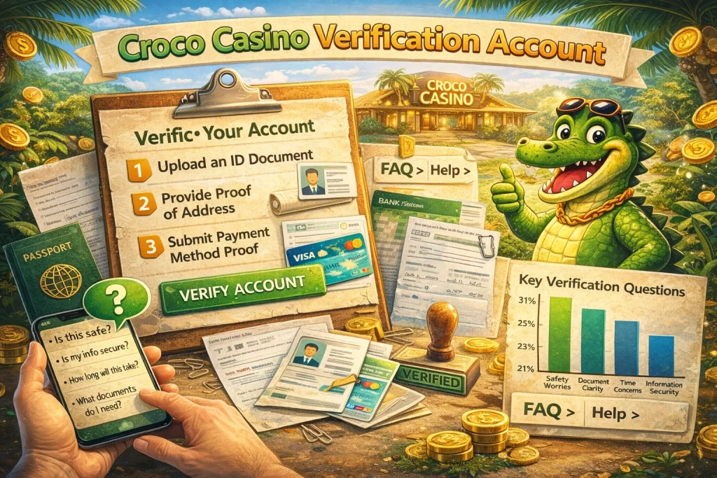 Croco Casino verification account banner showing ID check steps, account security, document review and player support