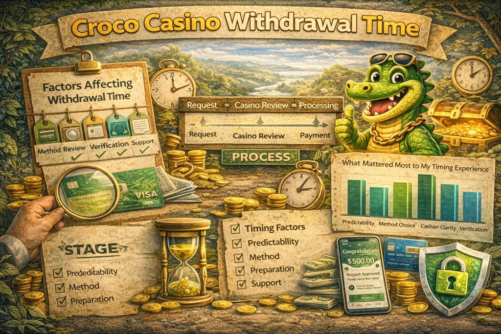Croco Casino withdrawal time banner showing payout stages, review process, payment method timing and support guidance