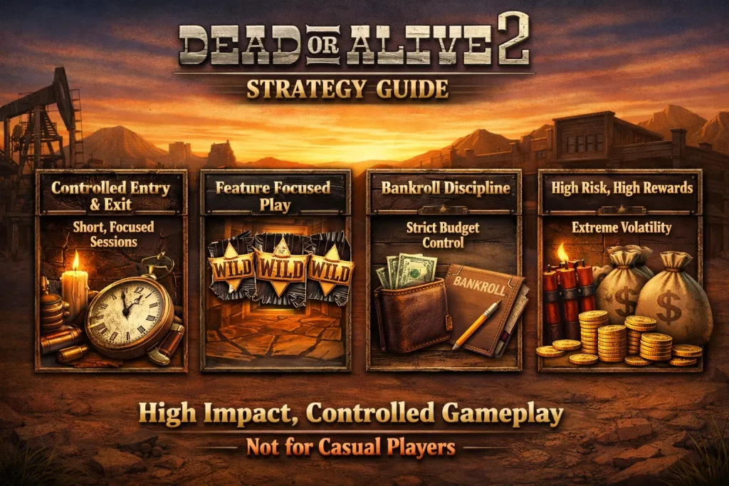 Dead or Alive 2 slot horizontal banner with Wild West theme, sticky wild reels, cowboy symbols, sunset desert background, and Croco Casino branding showing high volatility gameplay and free spins feature