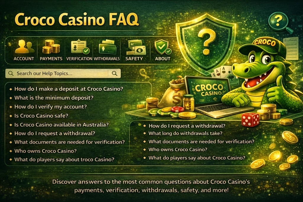 Croco Casino FAQ banner with common questions about withdrawals, deposits, verification, safety and Australian player support