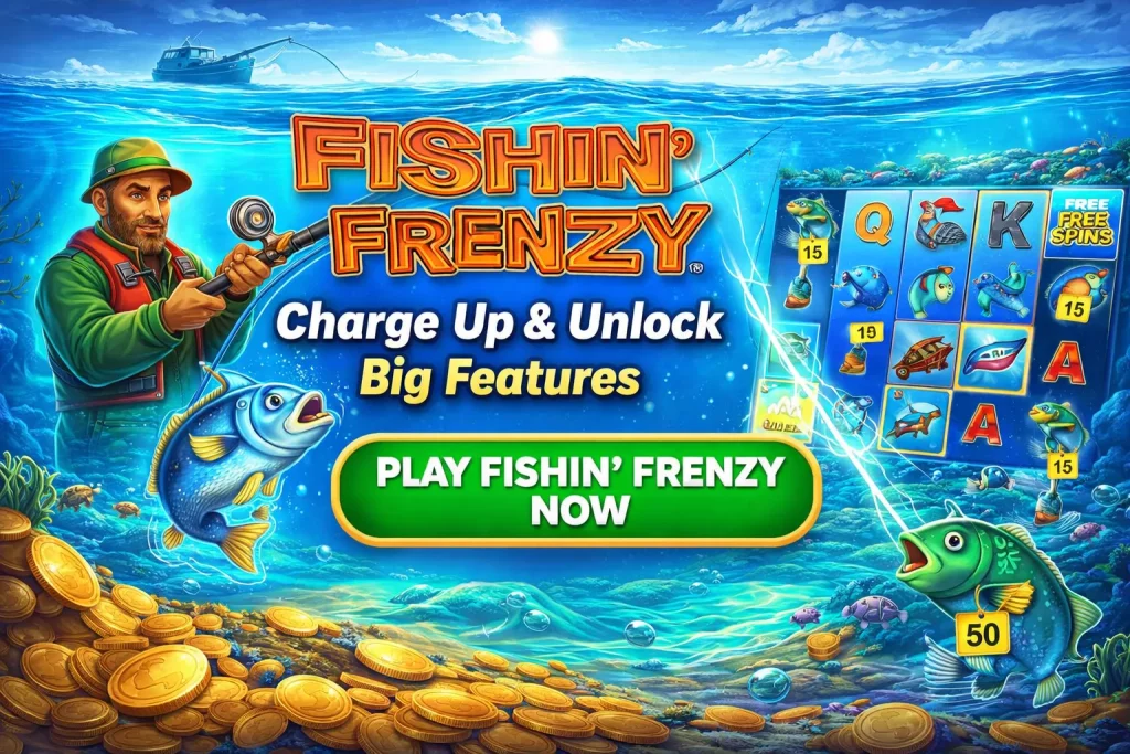 Fishin Frenzy slot horizontal banner with underwater ocean theme, fisherman collecting fish symbols, colorful reels, gold coins, and dynamic gameplay showing feature wins and bonus spins