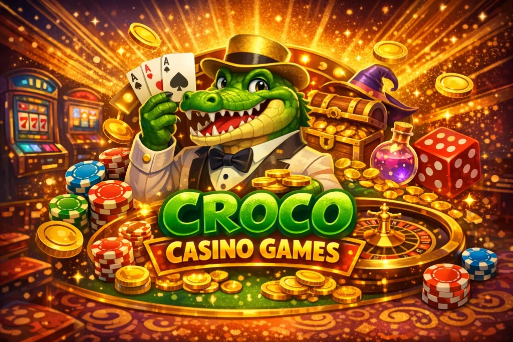 Croco Casino Games banner with crocodile mascot, roulette, poker chips, cards, and gold coins in a vibrant casino setting