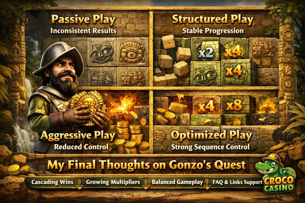 Gonzo’s Quest slot horizontal banner with explorer character, cascading symbols, multiplier blocks, gold coins, jungle ruins background, and Croco Casino branding showing avalanche gameplay and sequence-based wins