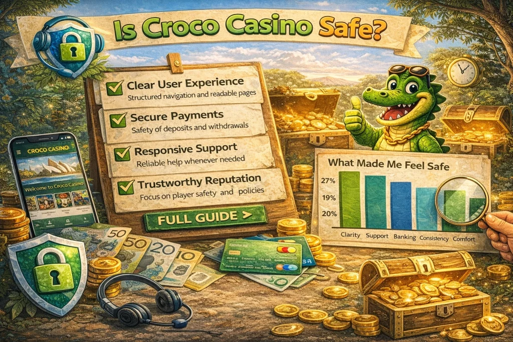 Is Croco Casino safe banner showing secure payments, support access, user protection and account safety features