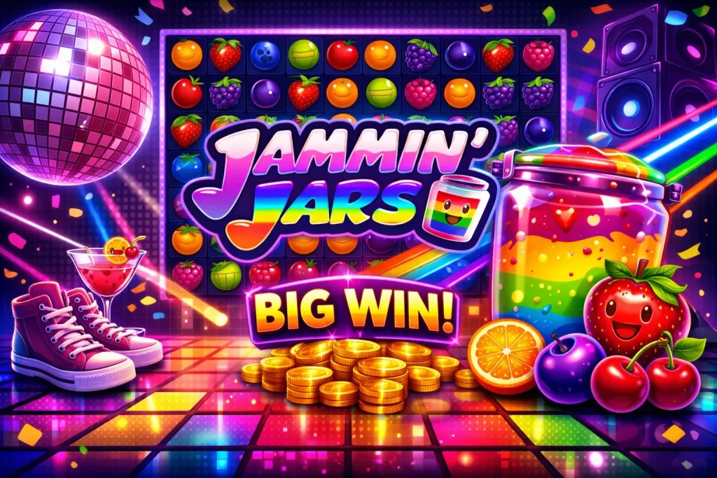 Jammin’ Jars slot horizontal banner with colorful fruit grid, moving multiplier jars, cluster wins, bright neon background, and Croco Casino branding showing high volatility gameplay and dynamic grid interactions