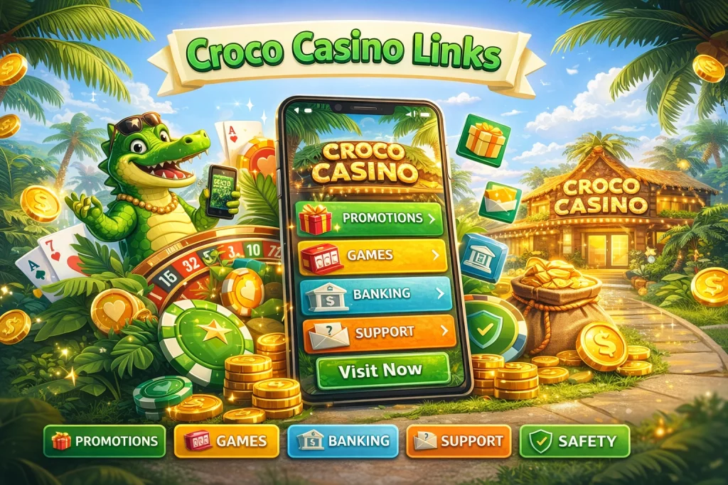 Croco Casino Links banner with promotions, games, banking, support and safety sections for Australian players