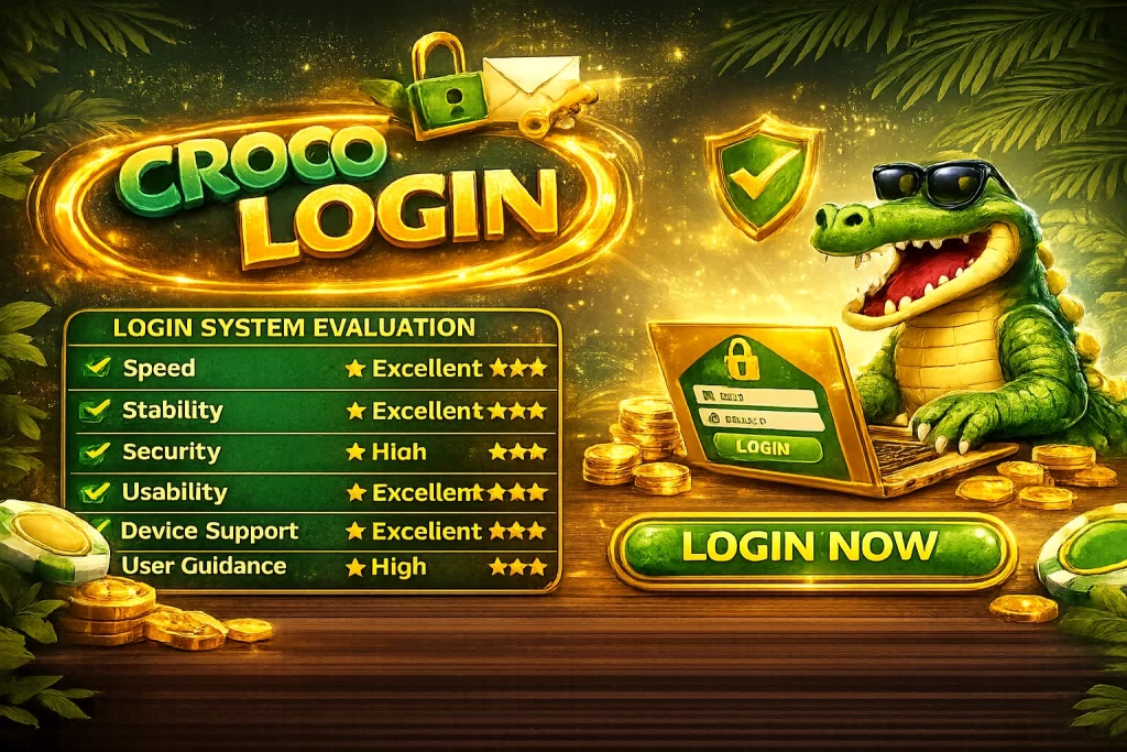 Croco Casino Login banner with crocodile mascot, secure login screen, gold coins and casino interface