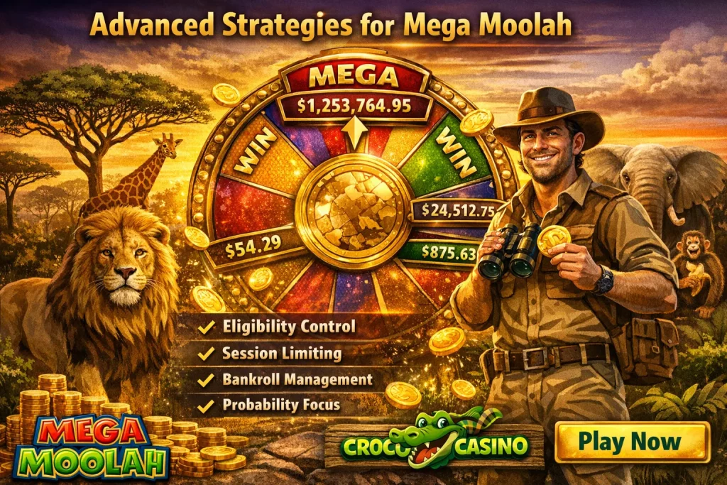 Mega Moolah slot horizontal banner with African safari theme, progressive jackpot wheel, lion and wildlife, gold coins, and Croco Casino branding showing jackpot gameplay and big win potential