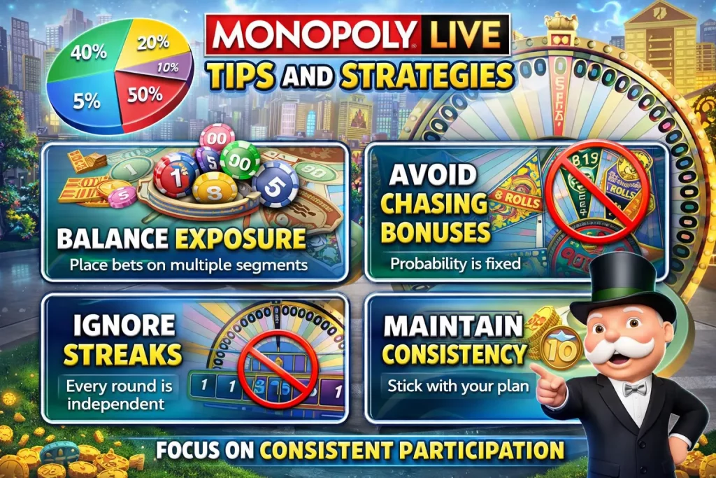 Monopoly Live casino horizontal banner with game show wheel, Mr. Monopoly character, colorful betting segments, bonus rounds, and strategy highlights showing balanced betting and live gameplay experience