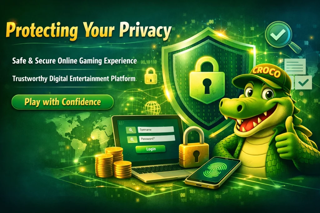 Croco Casino privacy policy banner showing secure online gaming, data protection and player privacy for Australian casino users