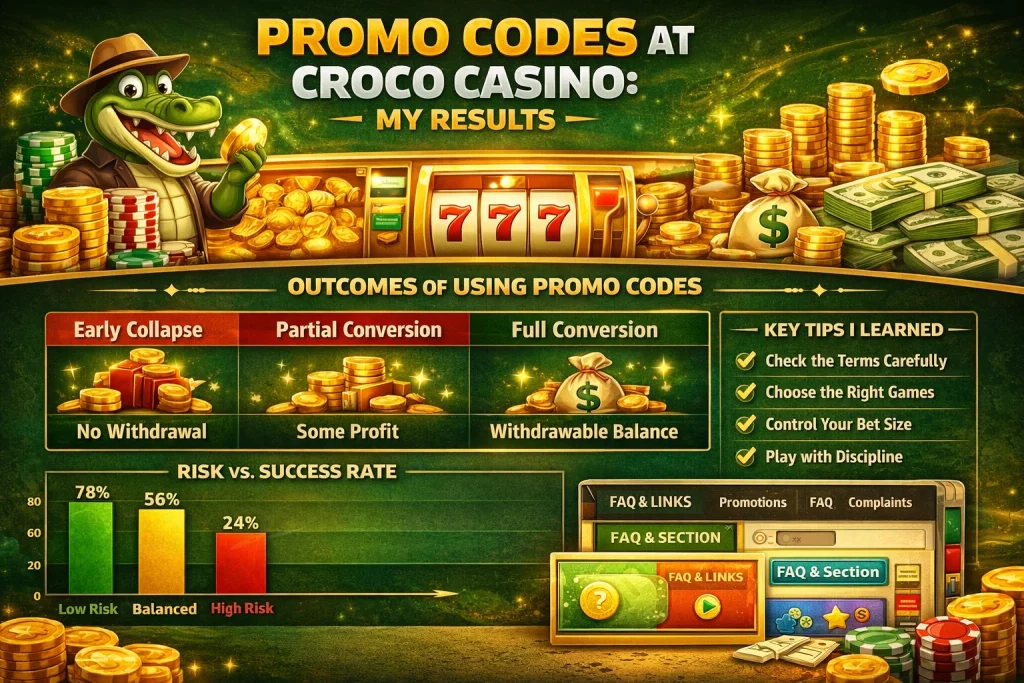 Croco Casino promo codes horizontal banner with cartoon crocodile, slot machine, gold coins, promo results infographic, and green casino-themed background