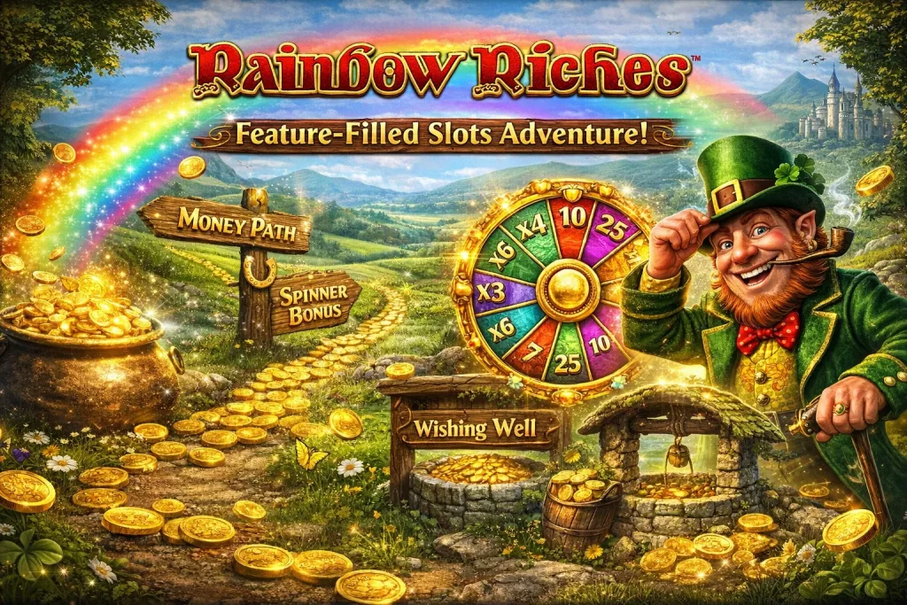 Rainbow Riches slot horizontal banner with leprechaun, gold coins, rainbow landscape, spinning bonus wheel, wishing well feature, and vibrant Irish theme showing feature-rich gameplay and bonus rounds