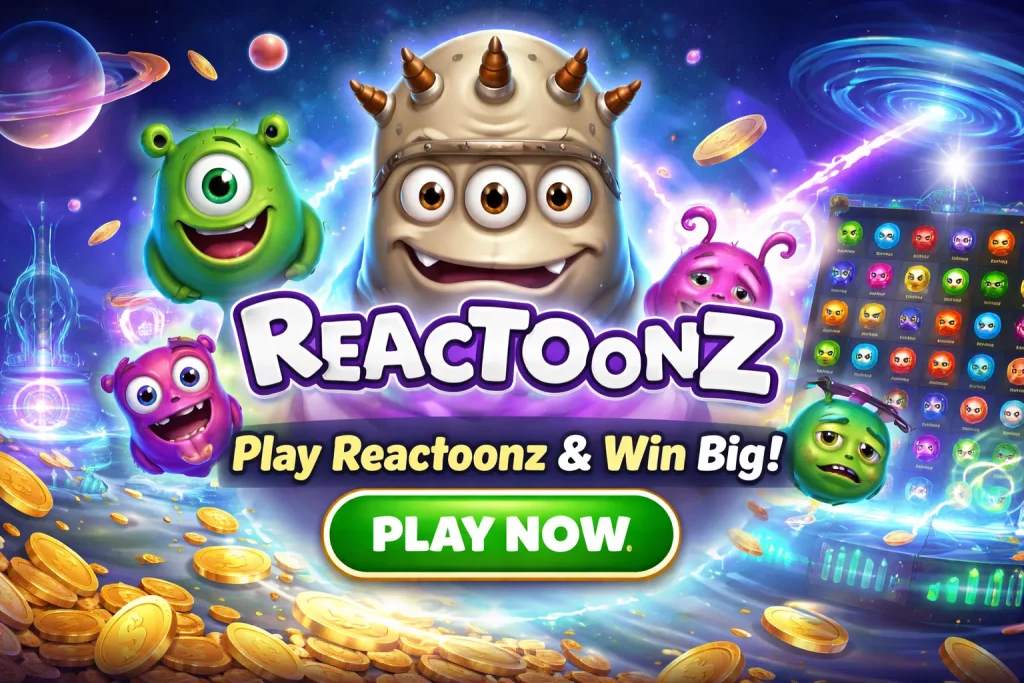 Reactoonz slot horizontal banner with colorful alien characters, glowing energy grid, cluster gameplay, sci-fi laboratory background, and Croco Casino style showing charge system and feature activation mechanics