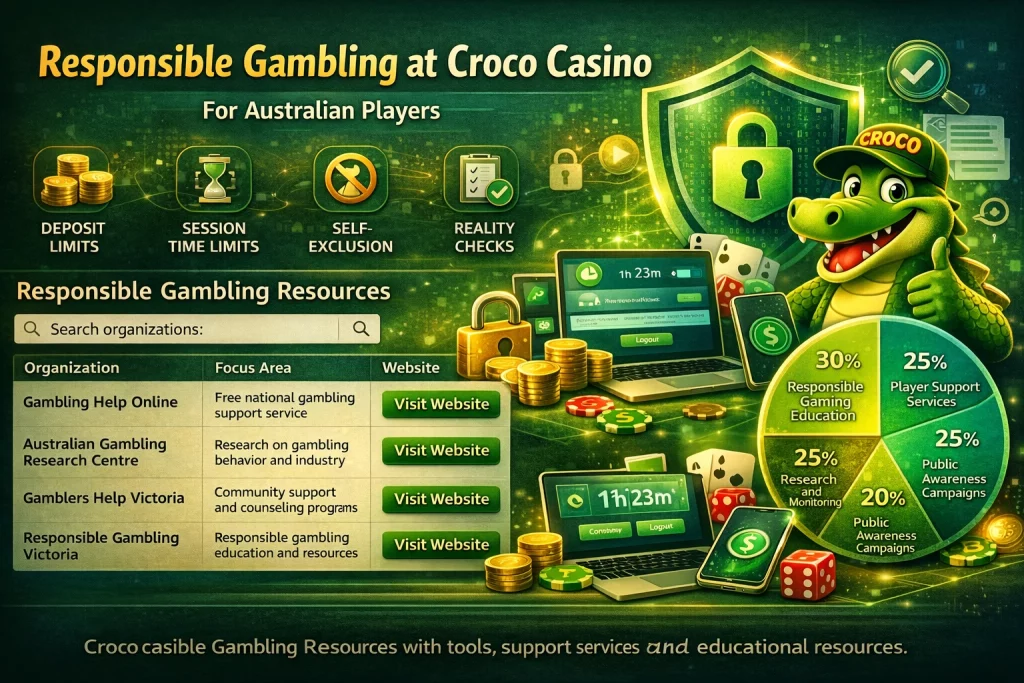Croco Casino responsible gambling banner with player protection tools and Australian support resources