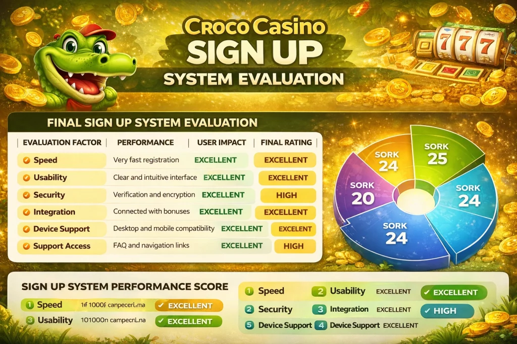 Croco Casino Sign Up banner with crocodile mascot, gold coins, slot machine and registration system evaluation infographic