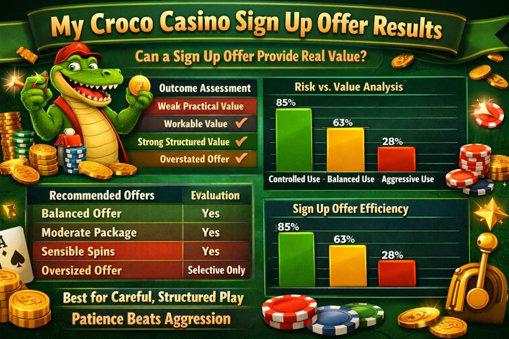 Croco Casino sign up offer horizontal banner with cartoon crocodile, gold coins, charts, poker chips, and casino strategy theme on bright green gaming background