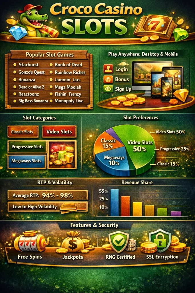 Croco Casino Slots infographic banner with popular games, RTP stats, slot categories, and mobile gameplay features