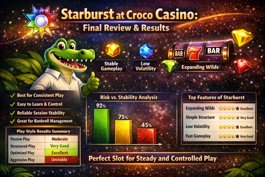 Starburst slot horizontal banner with glowing gems, expanding wild symbols, cosmic background, bright neon colors, and Croco Casino branding showing classic slot gameplay and stability