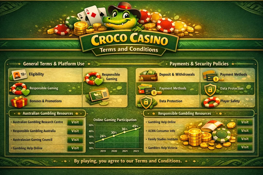 Croco Casino Terms and Conditions infographic with online gaming rules, payment methods and responsible gambling resources Australia