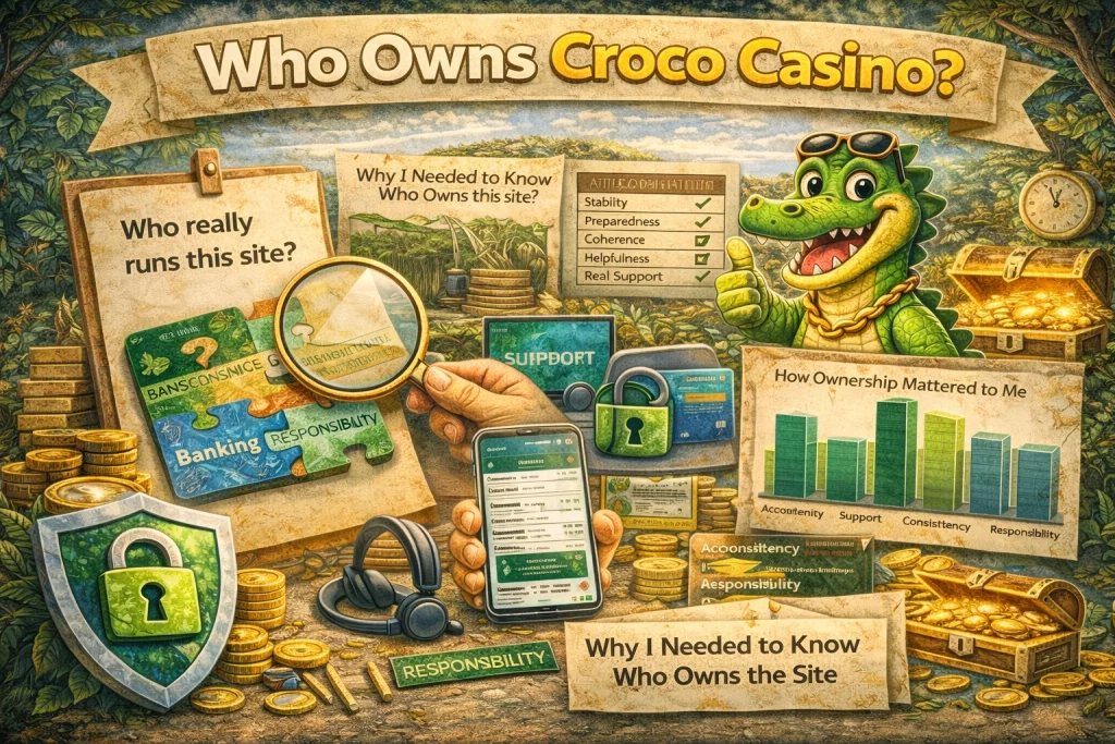 Who owns Croco Casino banner showing brand trust, support, banking structure and platform accountability