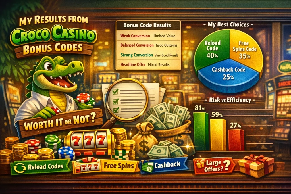 Croco Casino bonus code horizontal banner with cartoon crocodile, poker chips, slot machine, charts, and casino review theme on colorful gaming background