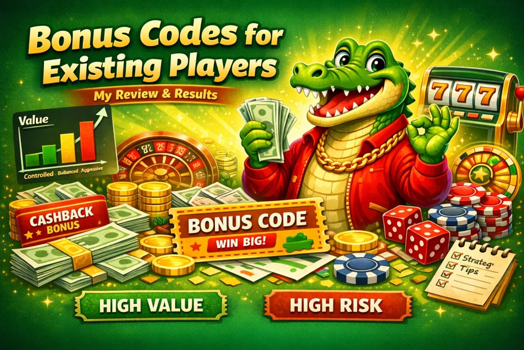 Croco Casino bonus code for existing players horizontal banner with cartoon crocodile, slot machine, poker chips, cashback sign, bonus ticket, and green casino background