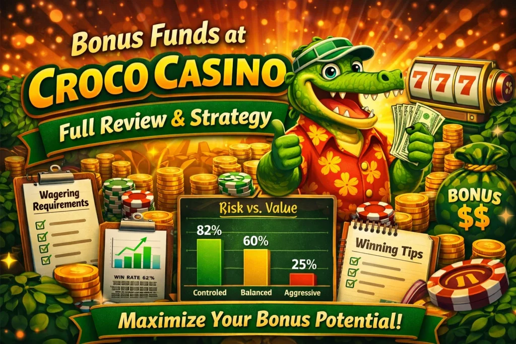 Croco Casino bonus funds horizontal banner with cartoon crocodile, cash, 777 slot machine, gold coins, charts, and casino strategy theme on bright orange background