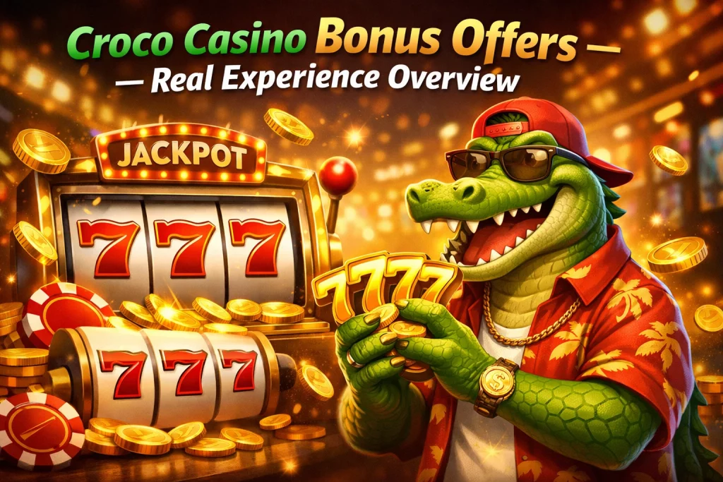 Croco Casino bonus offers banner with cartoon crocodile holding 777 symbol, slot machine jackpot, and gold coins on bright casino background