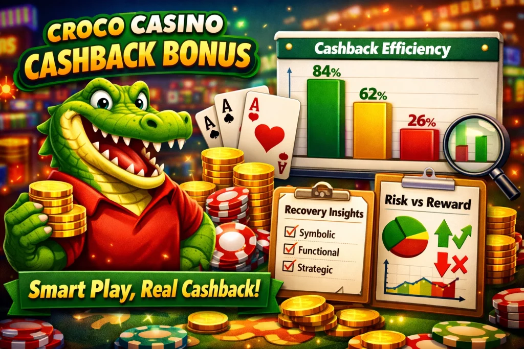Croco Casino cashback bonus banner with cartoon crocodile, gold coins, poker chips, charts, and casino recovery theme on bright gaming background