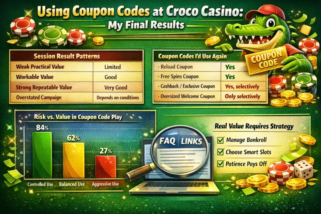 Croco Casino coupon code horizontal banner with cartoon crocodile, coupon card, charts, tables, gold coins, and casino strategy theme on bright green gaming background