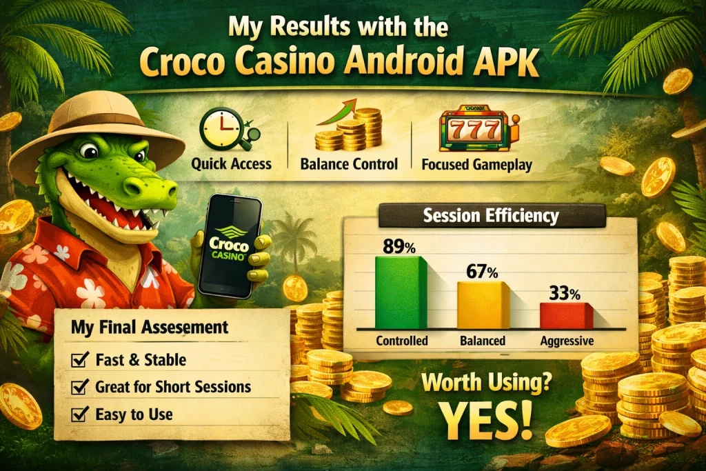 Croco Casino Android APK horizontal banner with cartoon crocodile holding smartphone, casino coins, slot machine icons, performance chart, and green tropical casino background showing app features and efficiency