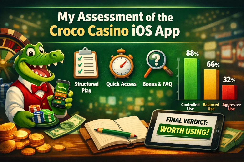 Croco Casino iOS app horizontal banner with cartoon crocodile, smartphone interface, casino chips, charts, and green casino-themed background showing app features and performance