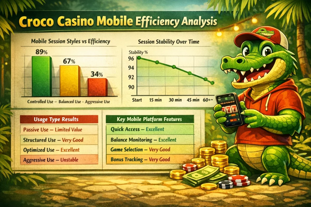Croco Casino mobile horizontal banner with cartoon crocodile holding smartphone, casino coins, charts, and green tropical background showing mobile gameplay efficiency and features