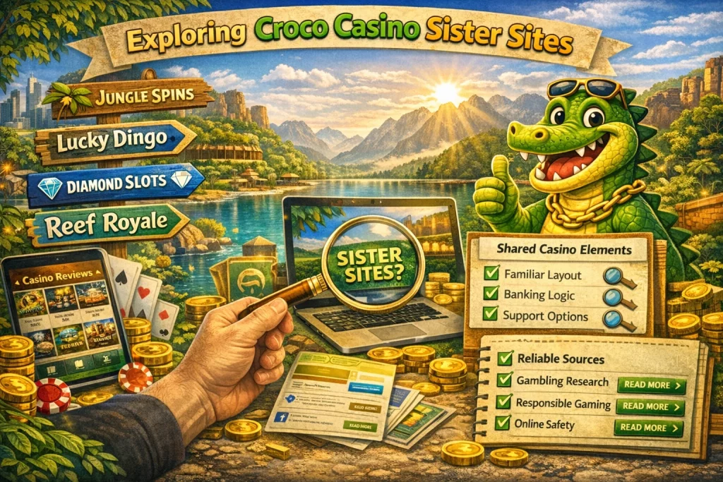 Croco Casino sister sites banner showing related casino brands, familiar layout, banking logic and support options