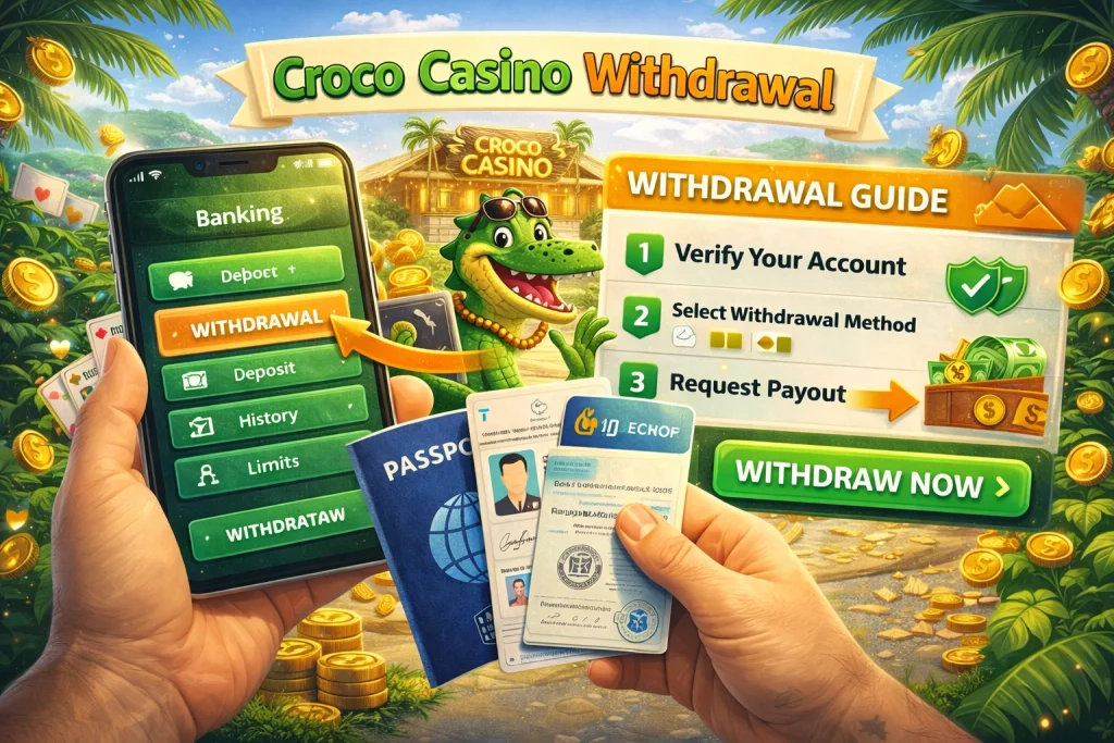 Croco Casino withdrawal banner showing payout steps, account verification, banking section and withdrawal support for players