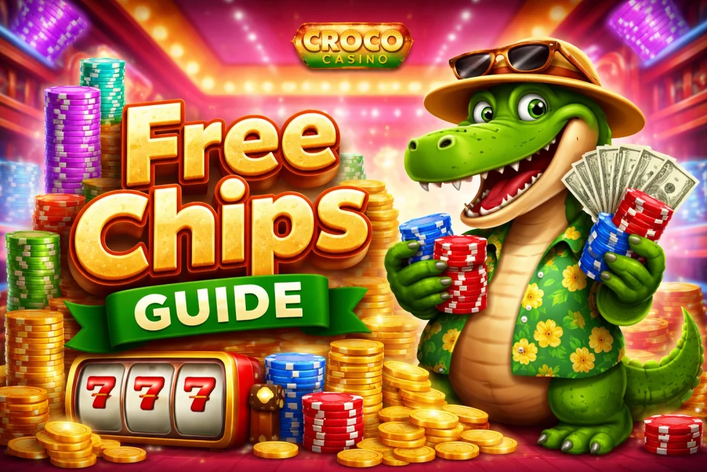 Croco Casino free chips banner with cartoon crocodile holding poker chips and cash, surrounded by gold coins and slot machine on colorful casino background
