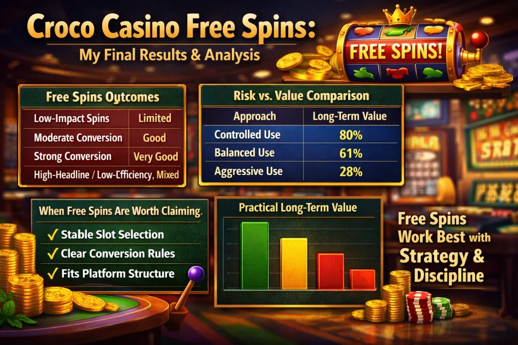 Croco Casino free spins horizontal banner with slot machine, gold coins, charts, and casino analysis theme on colorful gaming background