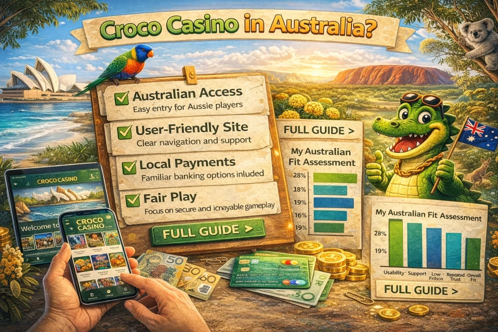 Croco Casino in Australia banner showing Australian player access, local support, payments and user-friendly casino navigation