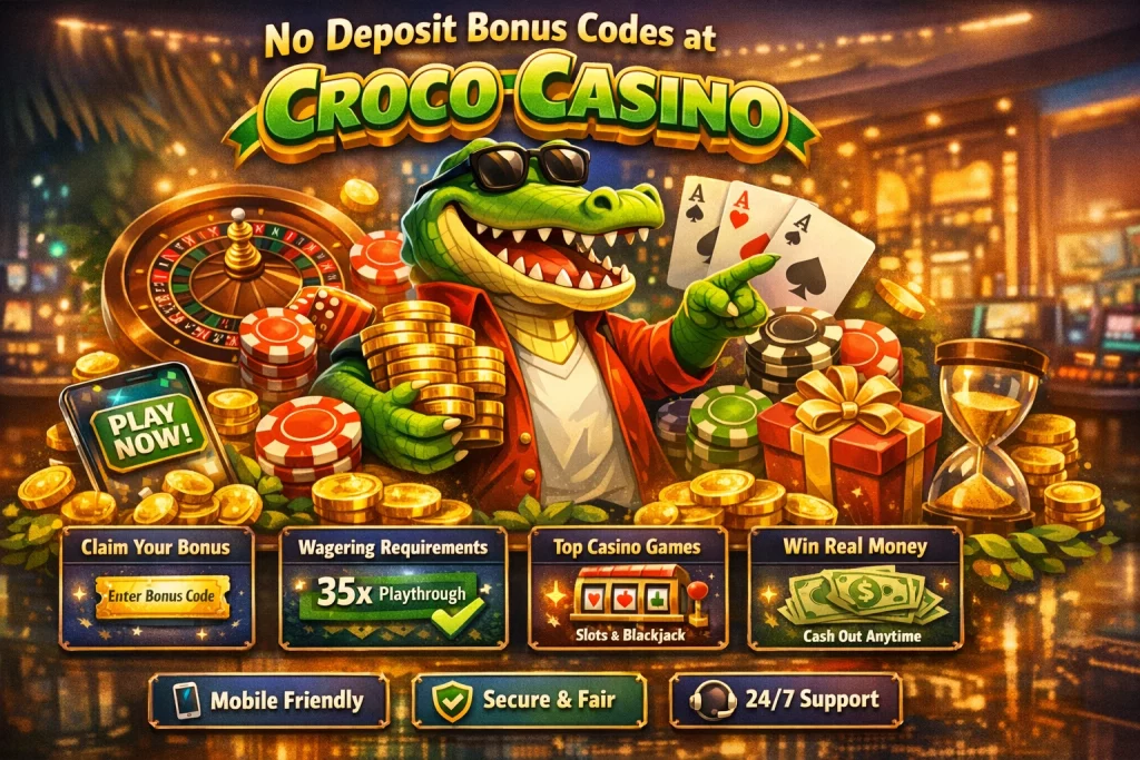 Croco Casino no deposit bonus codes banner featuring crocodile mascot, free bonus coins, poker chips, roulette wheel, and promotional casino rewards