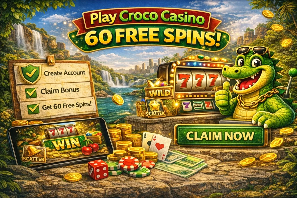 Play Croco Casino 60 free spins banner showing welcome bonus, slot machine, crocodile mascot and claim bonus action