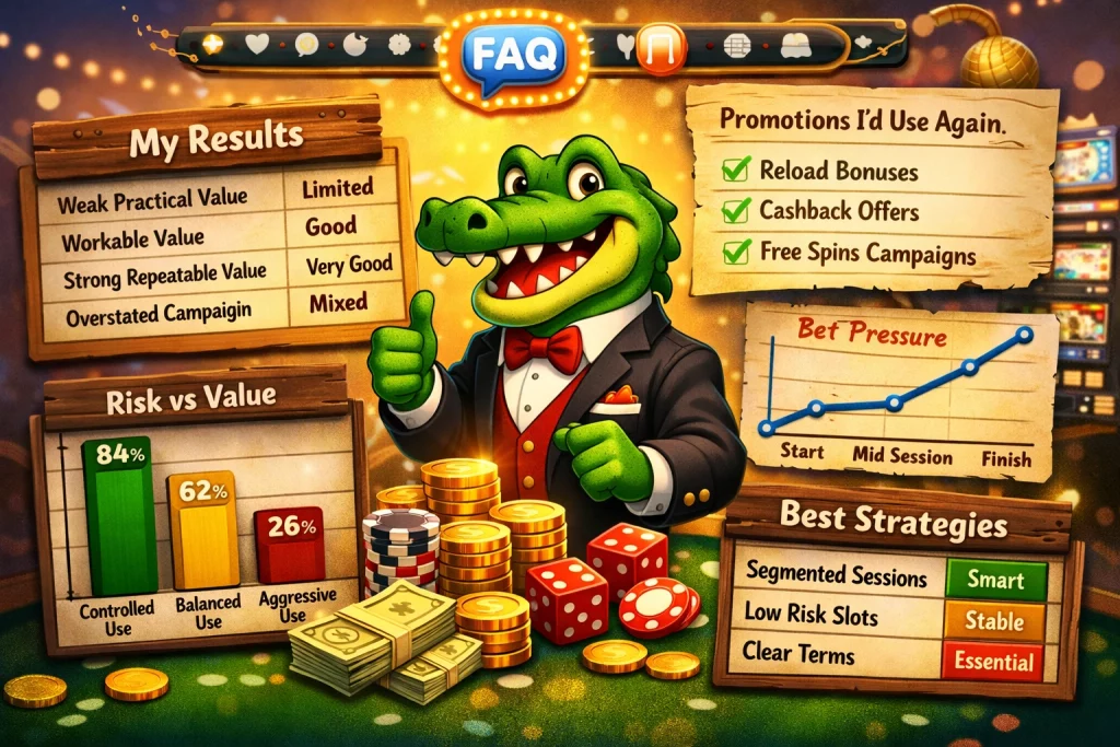 Croco Casino promotions horizontal banner with cartoon crocodile, gold coins, charts, tables, and casino strategy theme on bright gaming background
