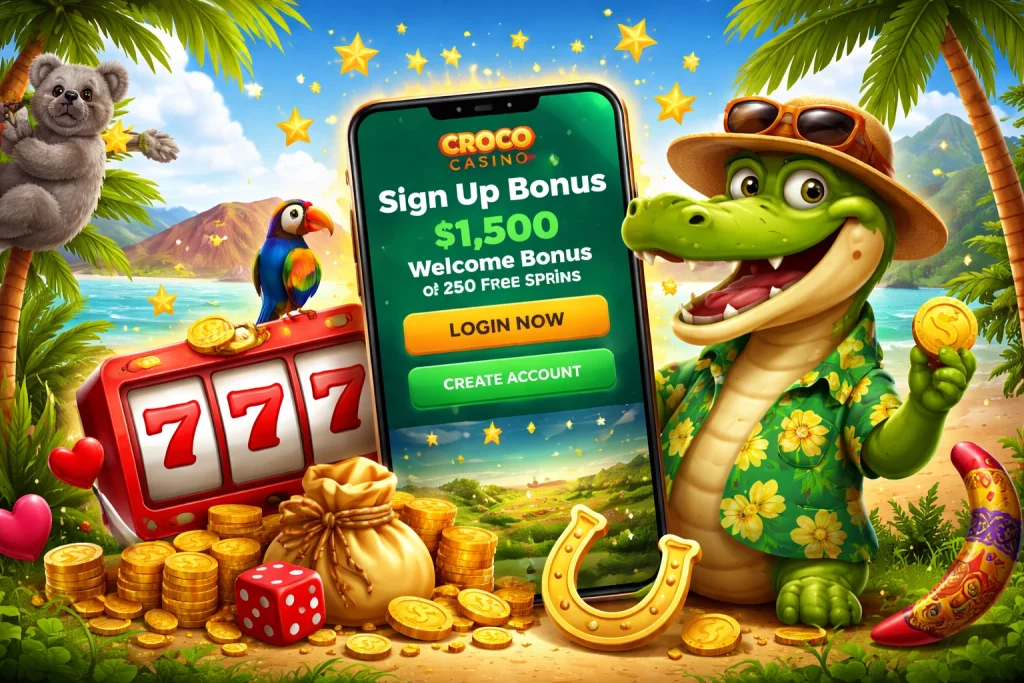 Croco Casino sign up bonus banner with cartoon crocodile, mobile app screen, slot machine, and gold coins on tropical Australian beach background